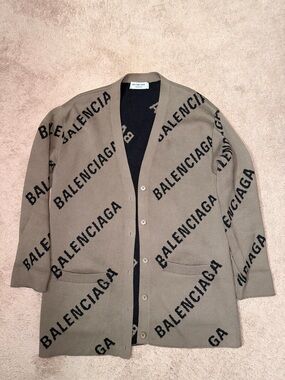 Balenciaga Oversized Taupe Cardigan with Black Logo Print